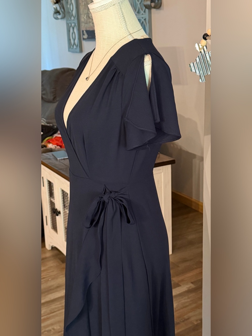 Altar'd State Navy Blue V-Neck Wrap Midi Dress with Side Tie - Picture 2 of 4